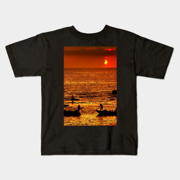 Sunset fishing Kids T-Shirt by Cretense72